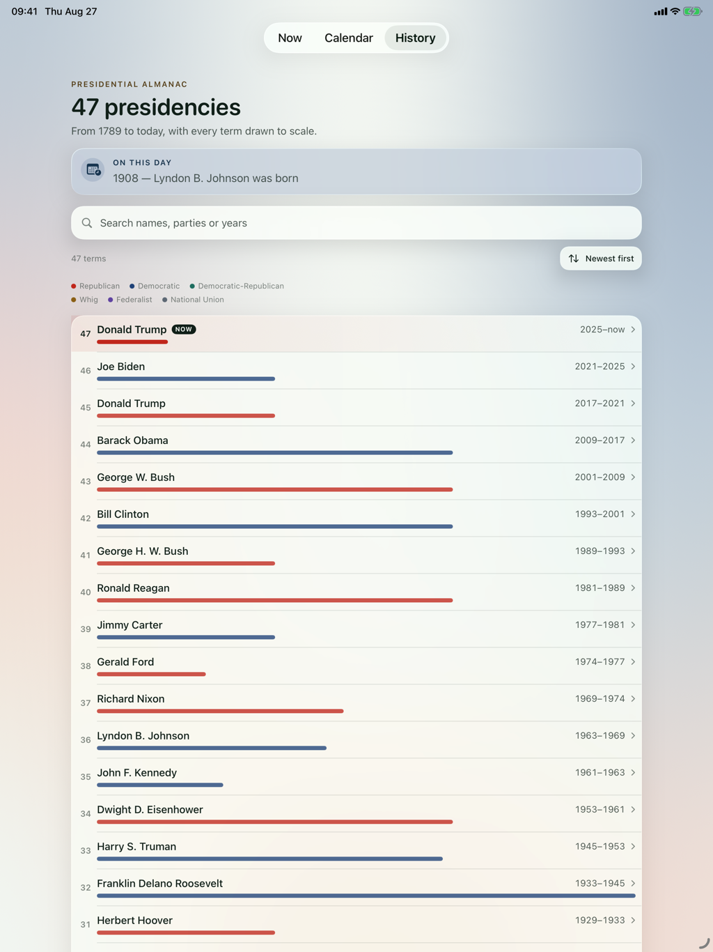 POTUS% on iPad — History screen